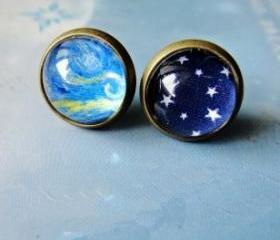 [ grdx02061]Cool Sky Stars Oil Paiting Earrings For Two