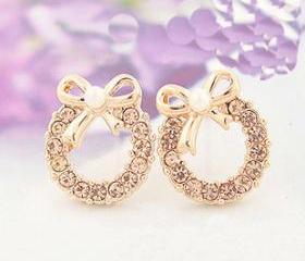 [grlhx130013]Cute Bowknot Circle Rhinestone Earrings