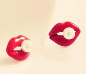 [grlhx130022]Nice Red lip have Pearl Earrings