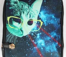[grlhx120062]Cool Shiny Cat With Glasses Backpack bag