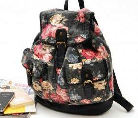 [grlhx120077]Cool Retro Black Flower Backpack Bag